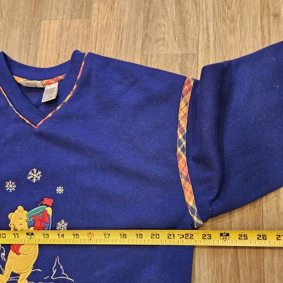 Vtg 90s Winnie The Pooh Nightgown Womens M Blue Fleece Elbow Patches Holiday - Picture 7 of 8